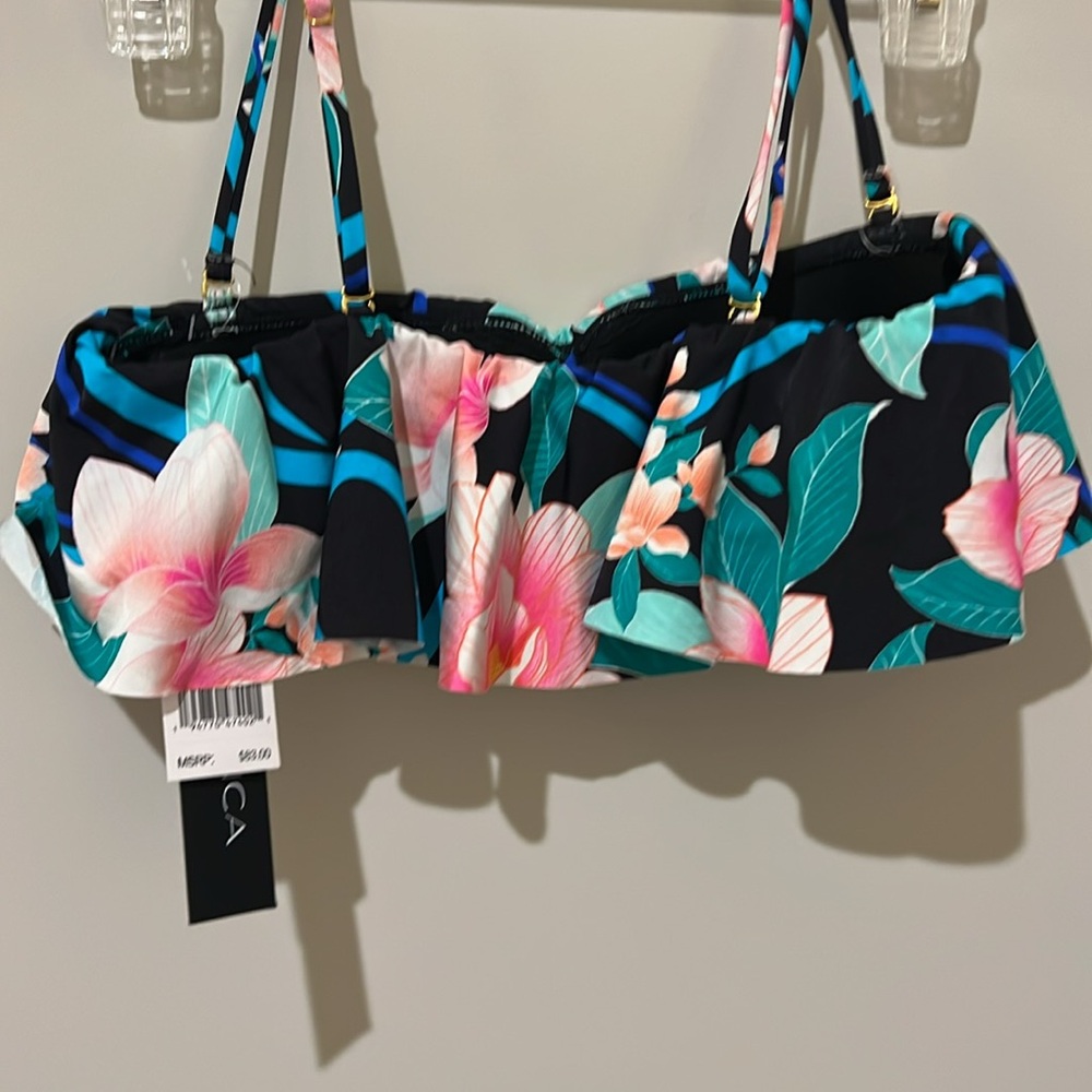 NWT $83 La Blanca Tropical Bandeau Bikini Swim Swimsuit Top 4 XS Black Floral - Picture 9 of 16